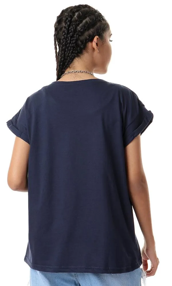 56763 Stitched Patch Roll Up Sleeves Navy Blue T-Shirt