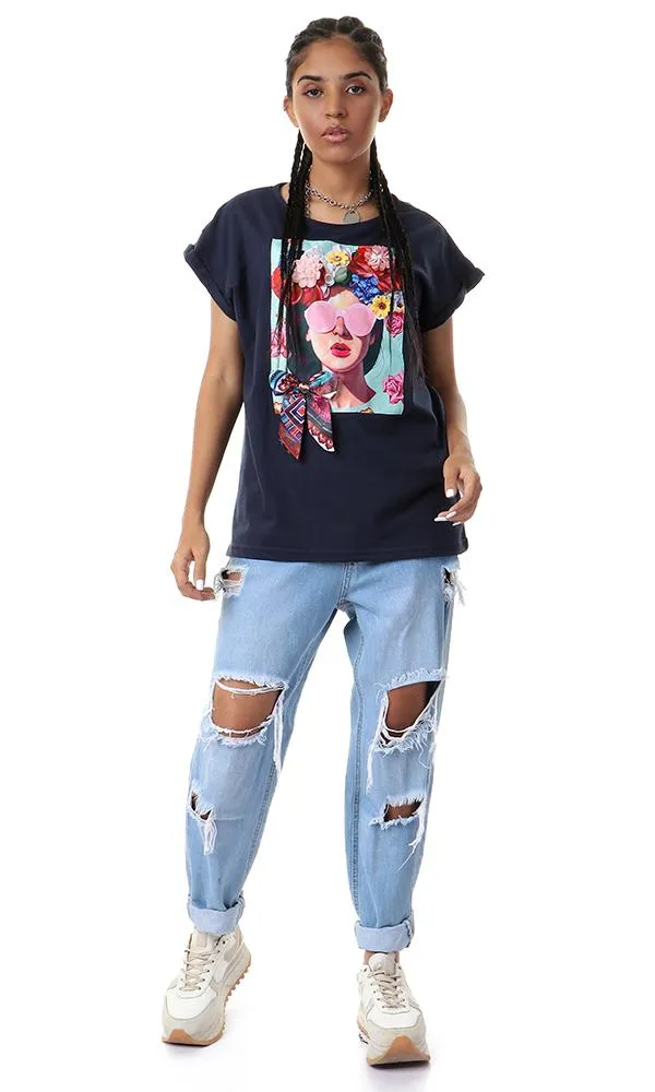 56763 Stitched Patch Roll Up Sleeves Navy Blue T-Shirt