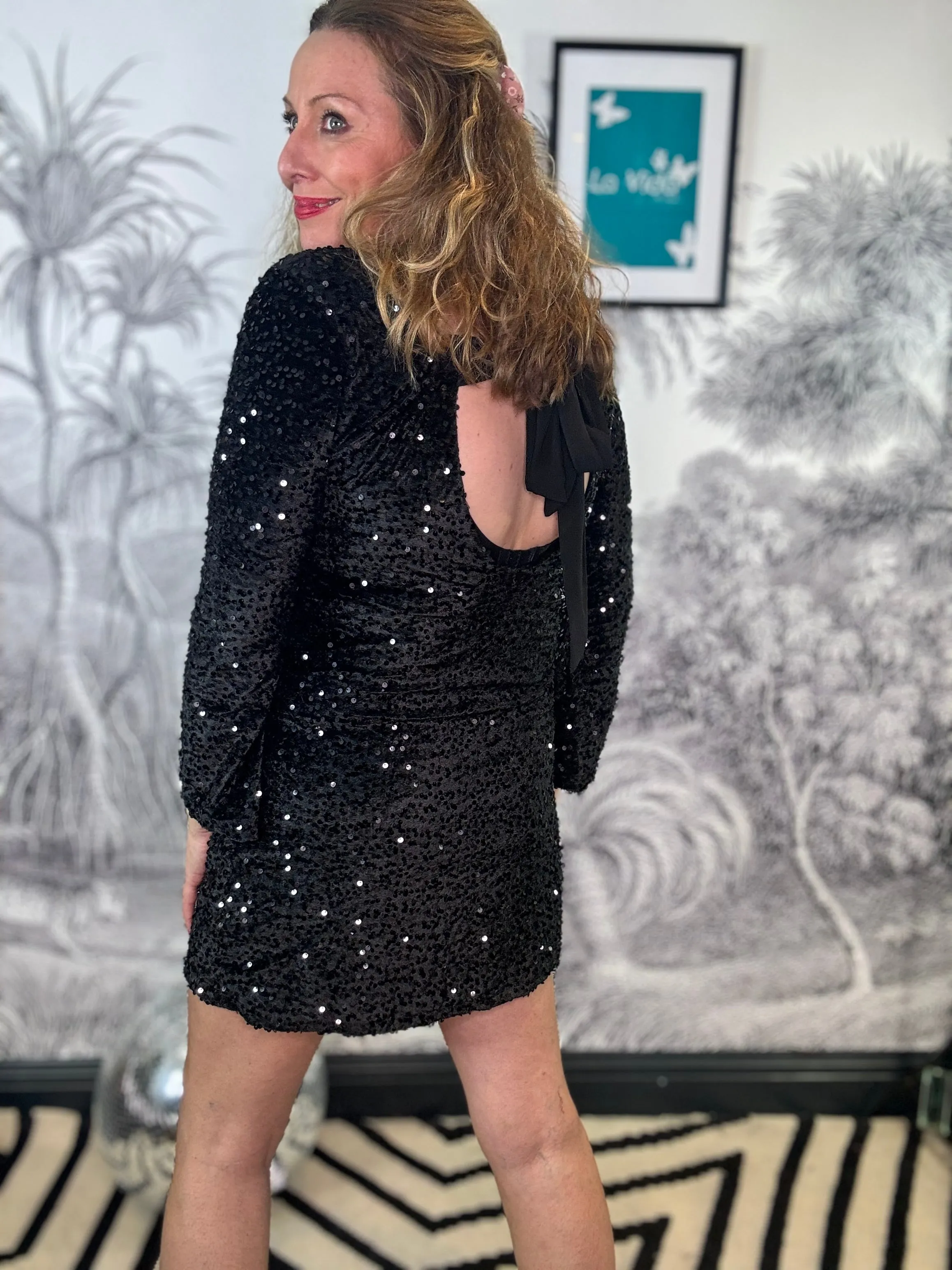 Carina Velvet Sequin Bow Back Mini Dress