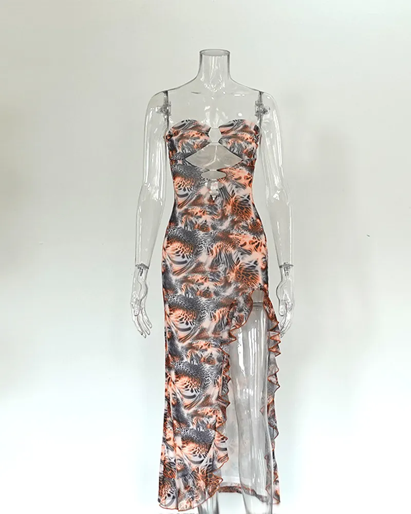 Leopard Print High-Waisted Hollow-Out Dress