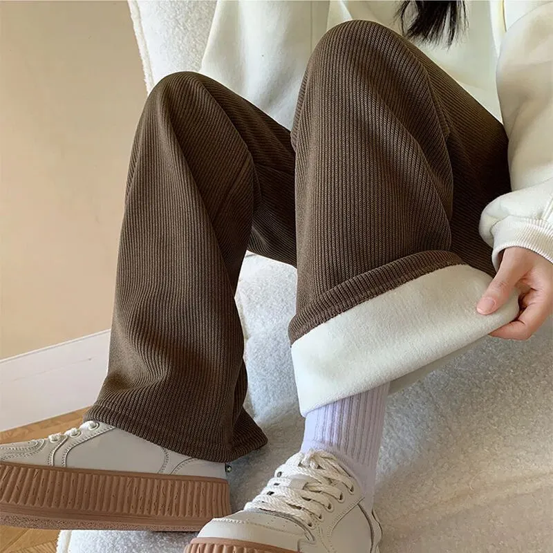 Nukty Keep Warm Thickened Corduroy Trousers Wide Leg Sweatpants Winter Straight Pants Solid Plush High Waist Casual Women's Trousers