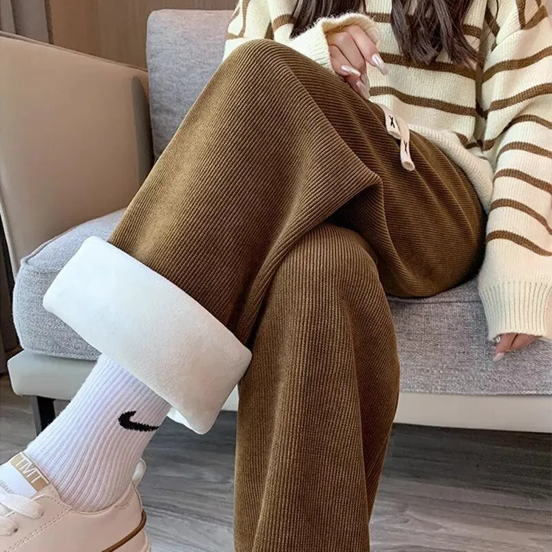 Nukty Keep Warm Thickened Corduroy Trousers Wide Leg Sweatpants Winter Straight Pants Solid Plush High Waist Casual Women's Trousers