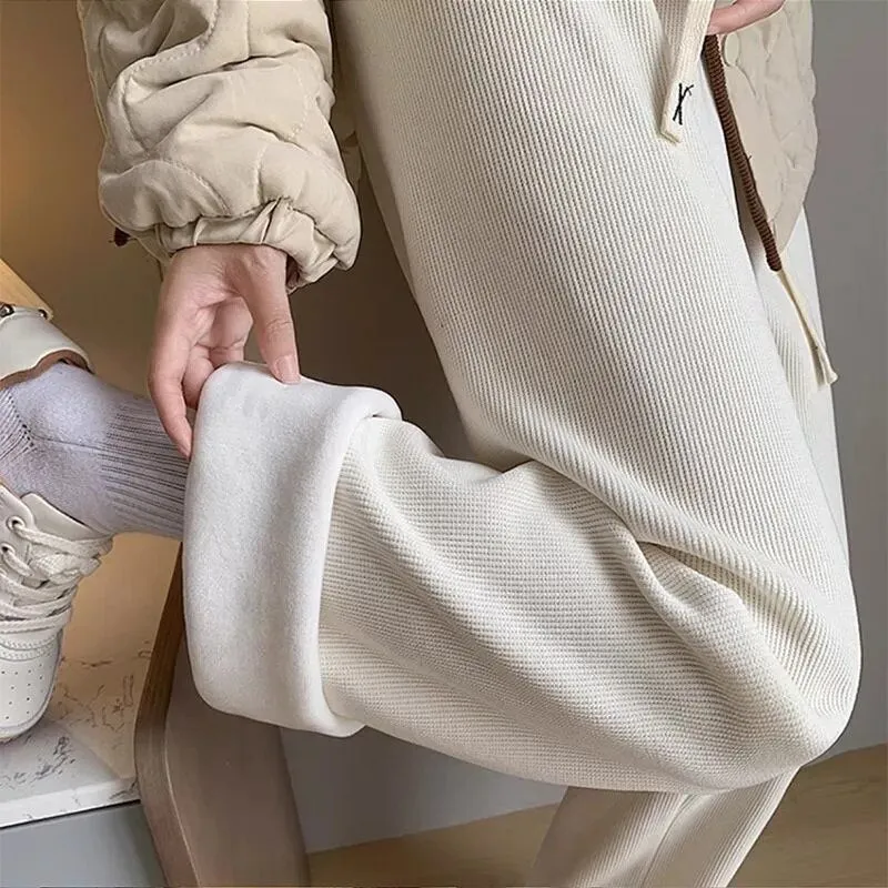 Nukty Keep Warm Thickened Corduroy Trousers Wide Leg Sweatpants Winter Straight Pants Solid Plush High Waist Casual Women's Trousers