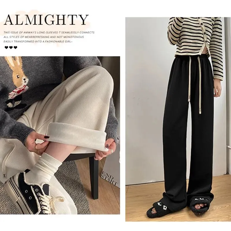 Nukty Keep Warm Thickened Corduroy Trousers Wide Leg Sweatpants Winter Straight Pants Solid Plush High Waist Casual Women's Trousers