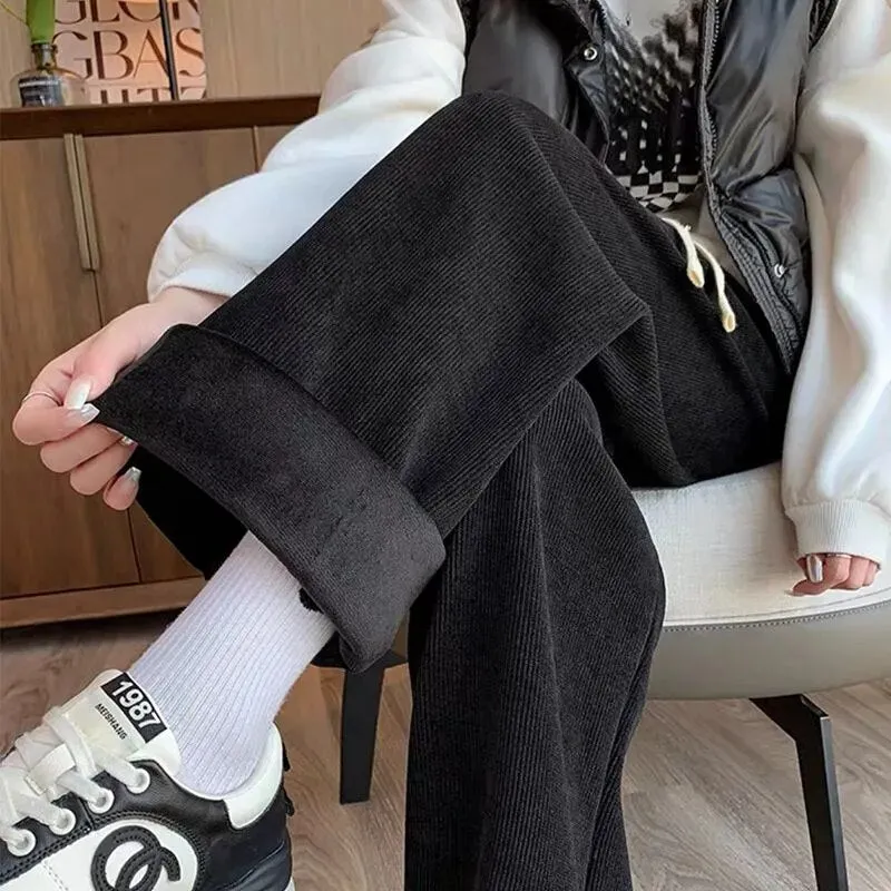 Nukty Keep Warm Thickened Corduroy Trousers Wide Leg Sweatpants Winter Straight Pants Solid Plush High Waist Casual Women's Trousers