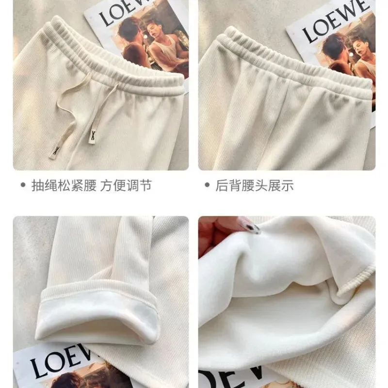 Nukty Keep Warm Thickened Corduroy Trousers Wide Leg Sweatpants Winter Straight Pants Solid Plush High Waist Casual Women's Trousers