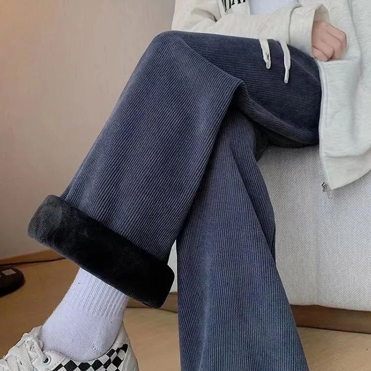 Nukty Keep Warm Thickened Corduroy Trousers Wide Leg Sweatpants Winter Straight Pants Solid Plush High Waist Casual Women's Trousers